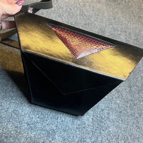 Leather Snakeskin Art Bag Black Geometrical Design Adjustable Handcrafted Rare - Picture 2 of 12